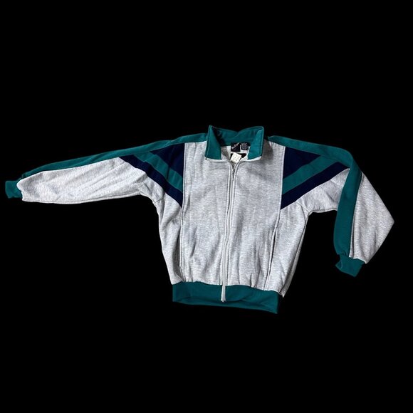 Vintage 90s MacGregor Full Zip Track Jacket Medium Gray Teal Blue Stripes Retro - Picture 2 of 6